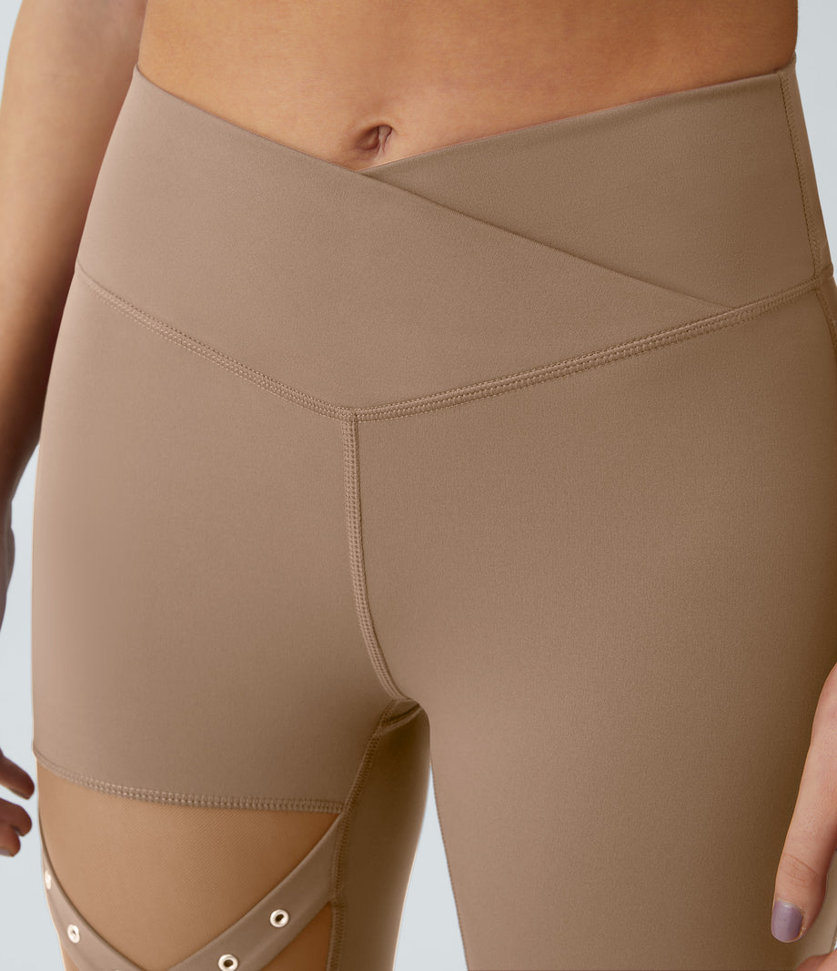 DayStretch High Waisted Crossover Contrast Mesh Decorative Buckle Yoga Leggings - Burro