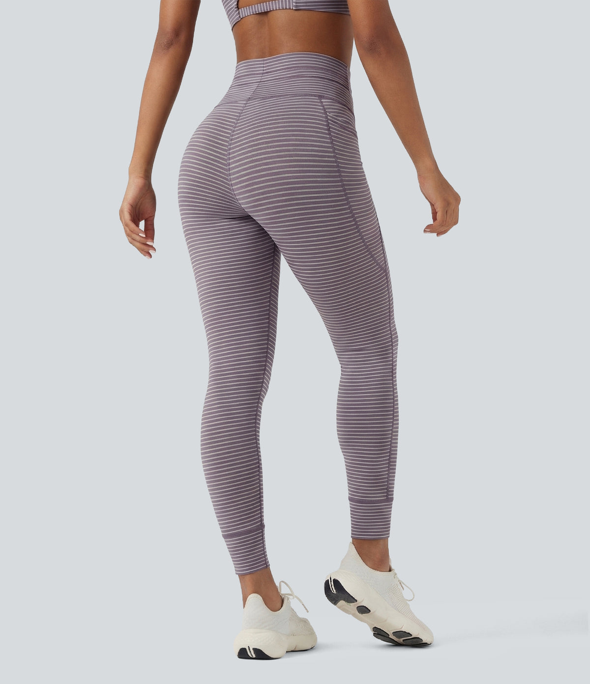 High Waisted Drawstring Striped Yoga Leggings with Pockets - Charcoal Stripe