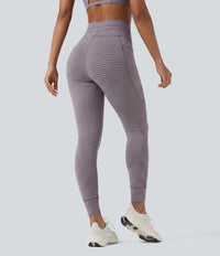 High Waisted Drawstring Striped Yoga Leggings with Pockets - Charcoal Stripe