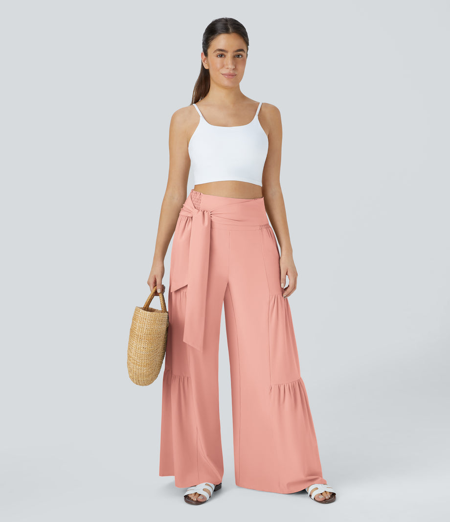 Breezeful™ High Waisted Shirred Tie Front & Back Wide Leg Flowy Quick Dry Casual Pants - Peach Melba
