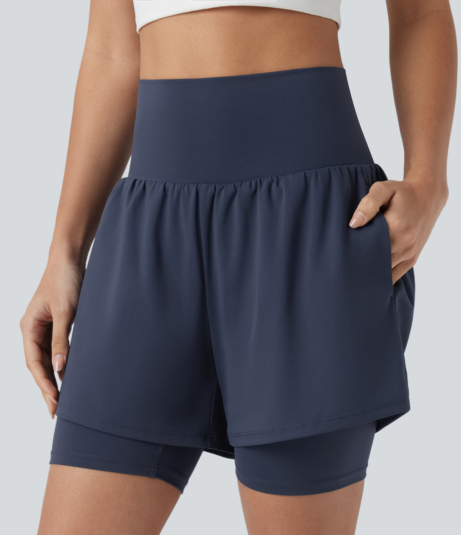 SoftlyZero™ Airy Super High Waisted 2-in-1 Cool Touch Yoga Shorts 7'' with Pockets - Mood Indigo