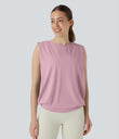 Round Neck Ruched Cool Touch Yoga Tank Top-UPF50+ - Pink Nectar