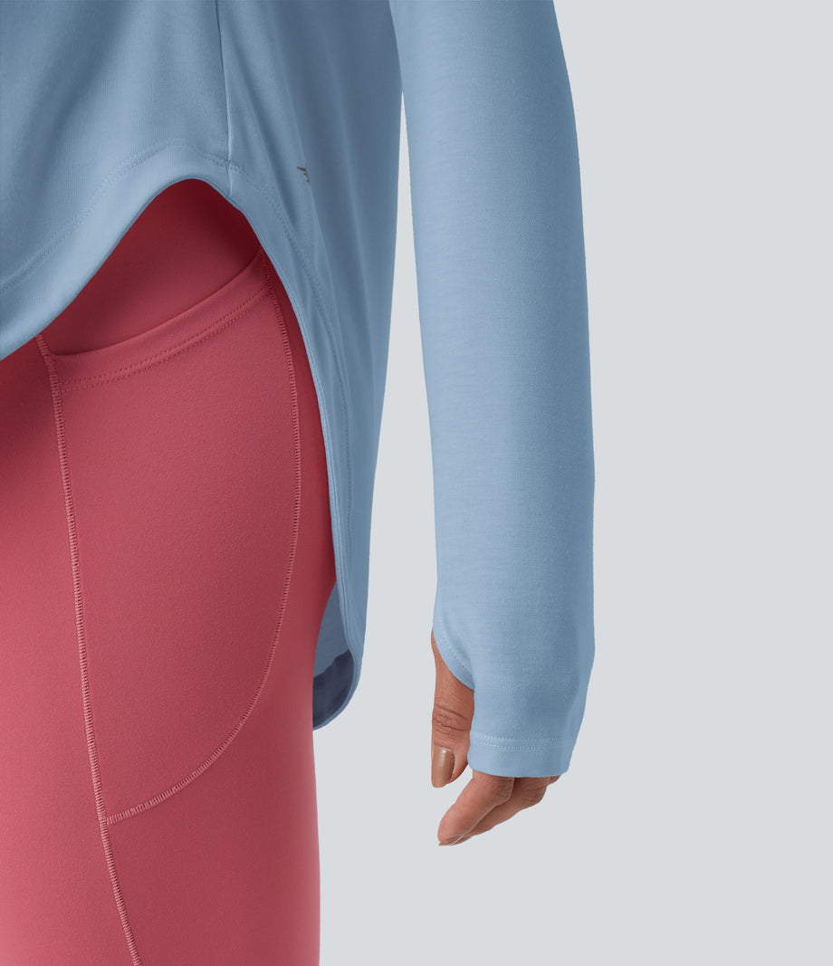 One Shoulder Long Sleeve Thumb Hole Curved Hem High Low Quick Dry Yoga Sports Top-Built-in Bra - Angel Falls