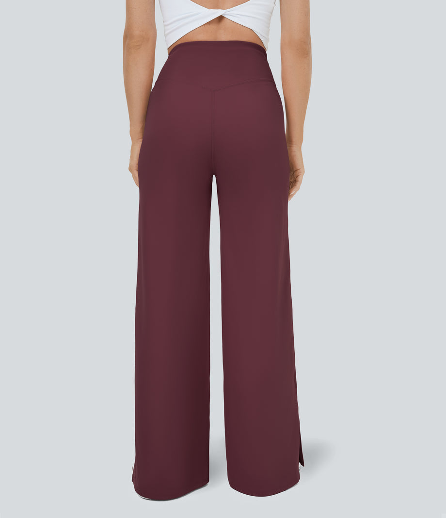 DayStretch Crossover Pocket Hem Wide Leg Yoga Pants-Smile - Red Mahogany