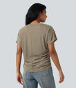 V-neck Short Sleeve Ruched Relaxed Casual Top - Khaki Floral Yarn