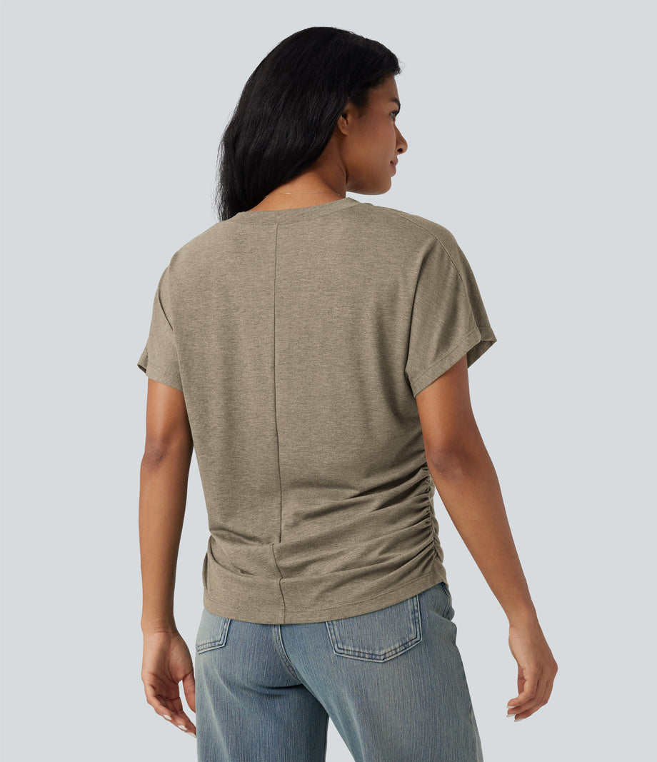 V-neck Short Sleeve Ruched Relaxed Casual Top - Khaki Floral Yarn