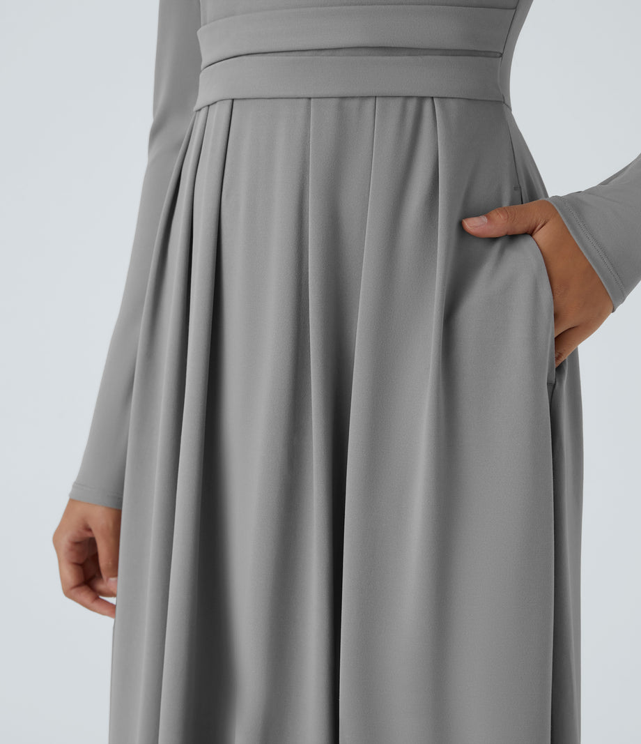 Mock-neck Long Sleeve Pocket Flare Maxi Casual Dress - Ultimate Gray
