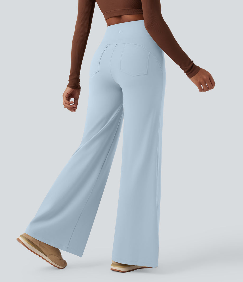 DayStretch High Waisted Tummy Control Wide Leg Baggy Yoga Pants with Pockets - Baby Blue