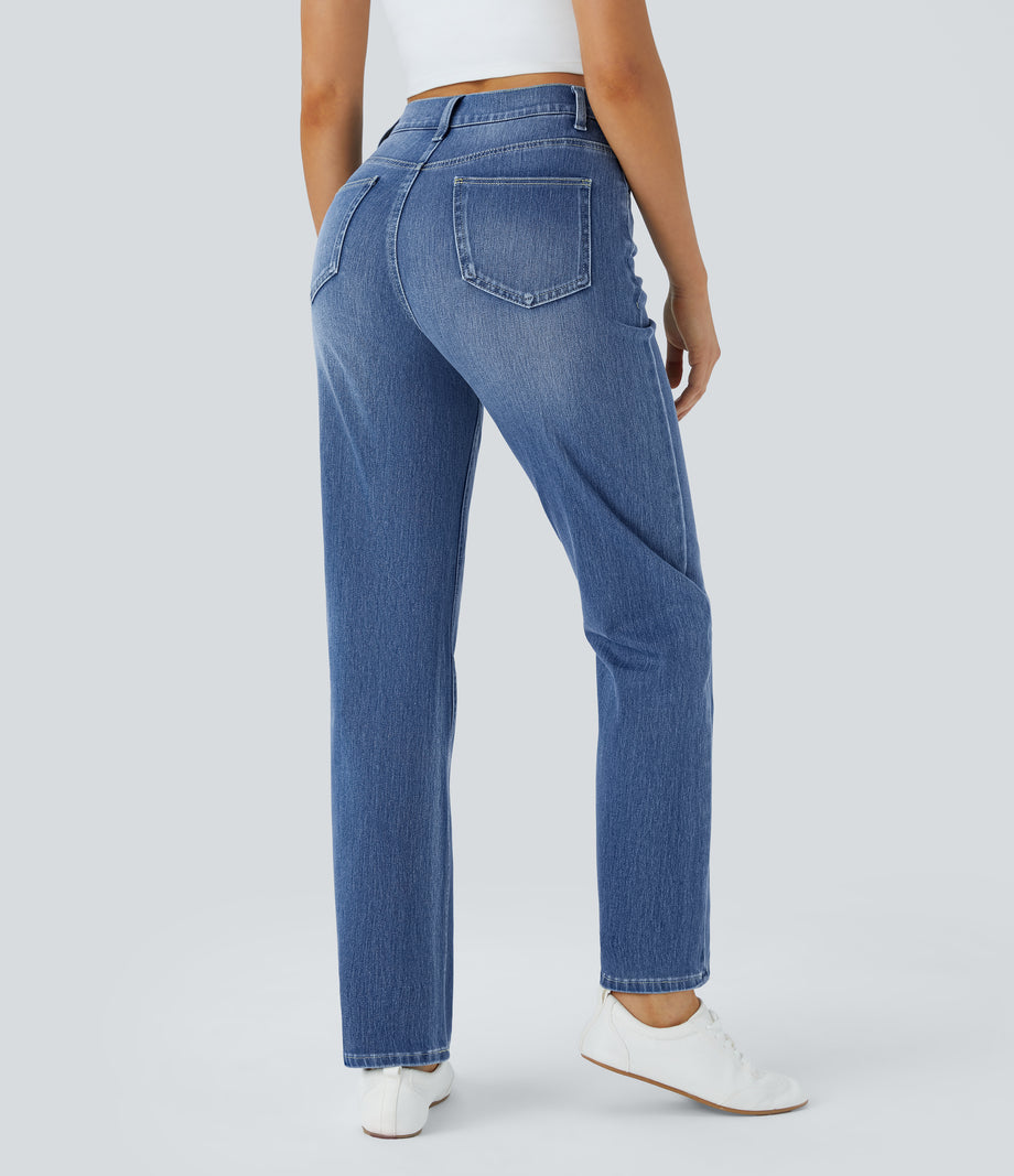 Halara Flex™ High Waisted Pockets Straight Leg Washed Casual Jeans - Blue Spruce Denim