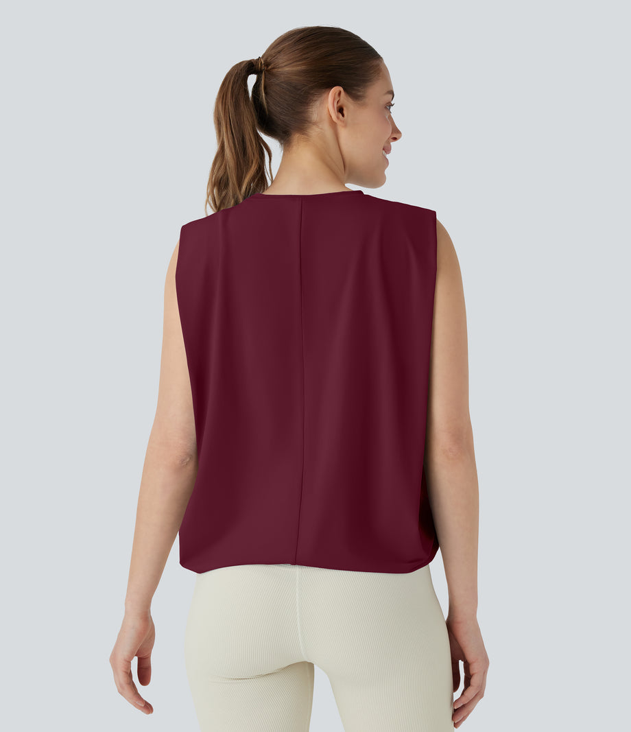 Round Neck Ruched Cool Touch Yoga Tank Top-UPF50+ - Deep Wine