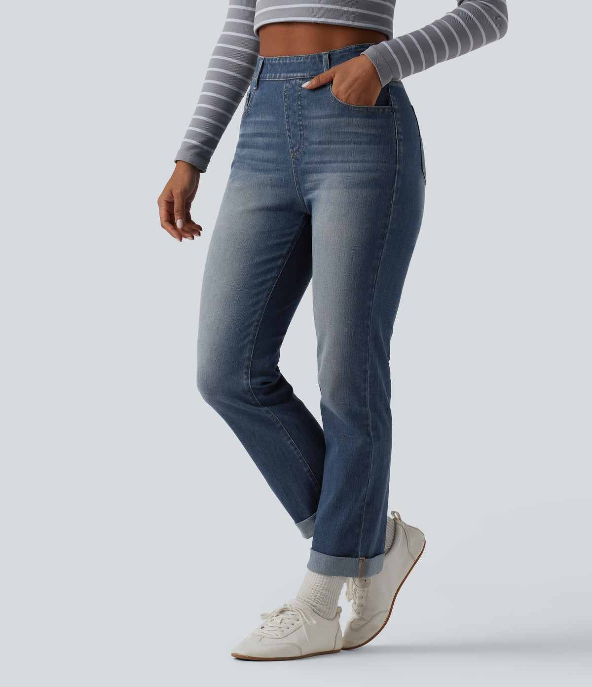 Halara Flex™ High Waisted Rolled Hem Casual Slim Jeans with Pockets - Blue Surf Denim