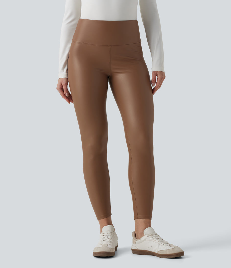 High Waisted Tummy Control Stretchy PU Fleece 7/8 Skinny Casual Leggings with Pockets - Argan Oil