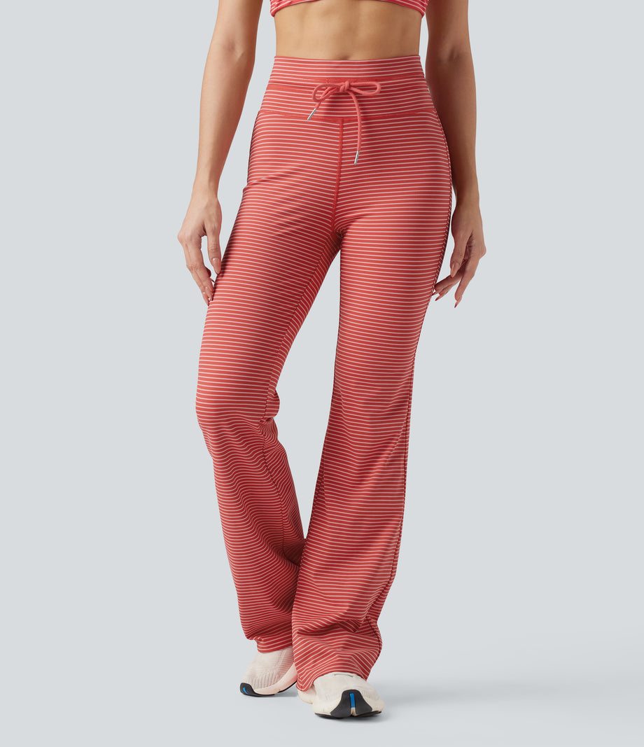 High Waisted Drawstring Stripe Flare Yoga Pants with Pockets - Sunset Coral