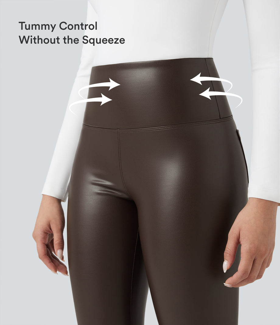 High Waisted Tummy Control Stretchy PU Fleece 7/8 Skinny Casual Leggings with Pockets - Hot Fudge