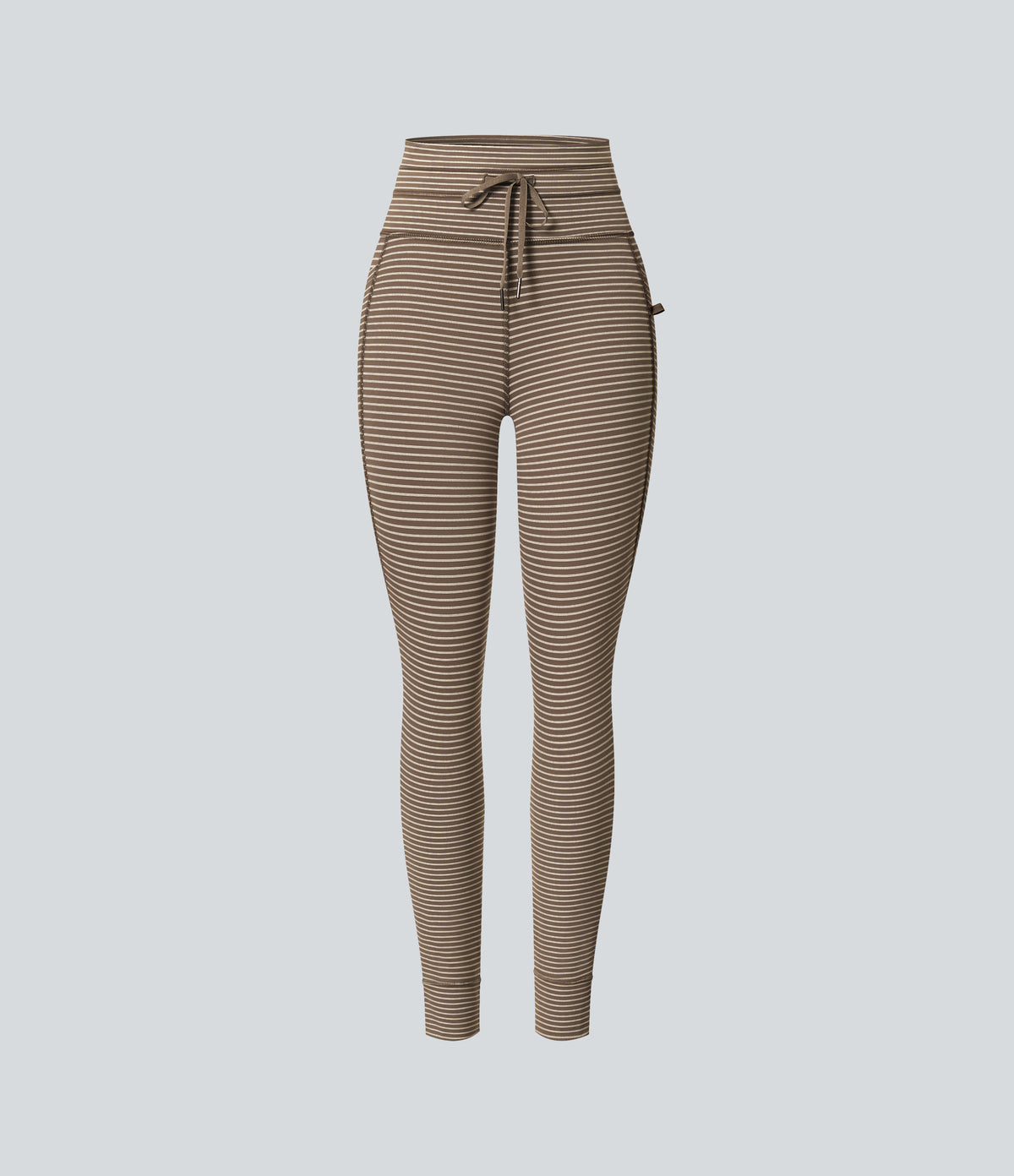 High Waisted Drawstring Striped Yoga Leggings with Pockets - Cedar Brown