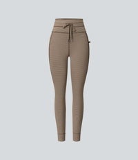 High Waisted Drawstring Striped Yoga Leggings with Pockets - Cedar Brown
