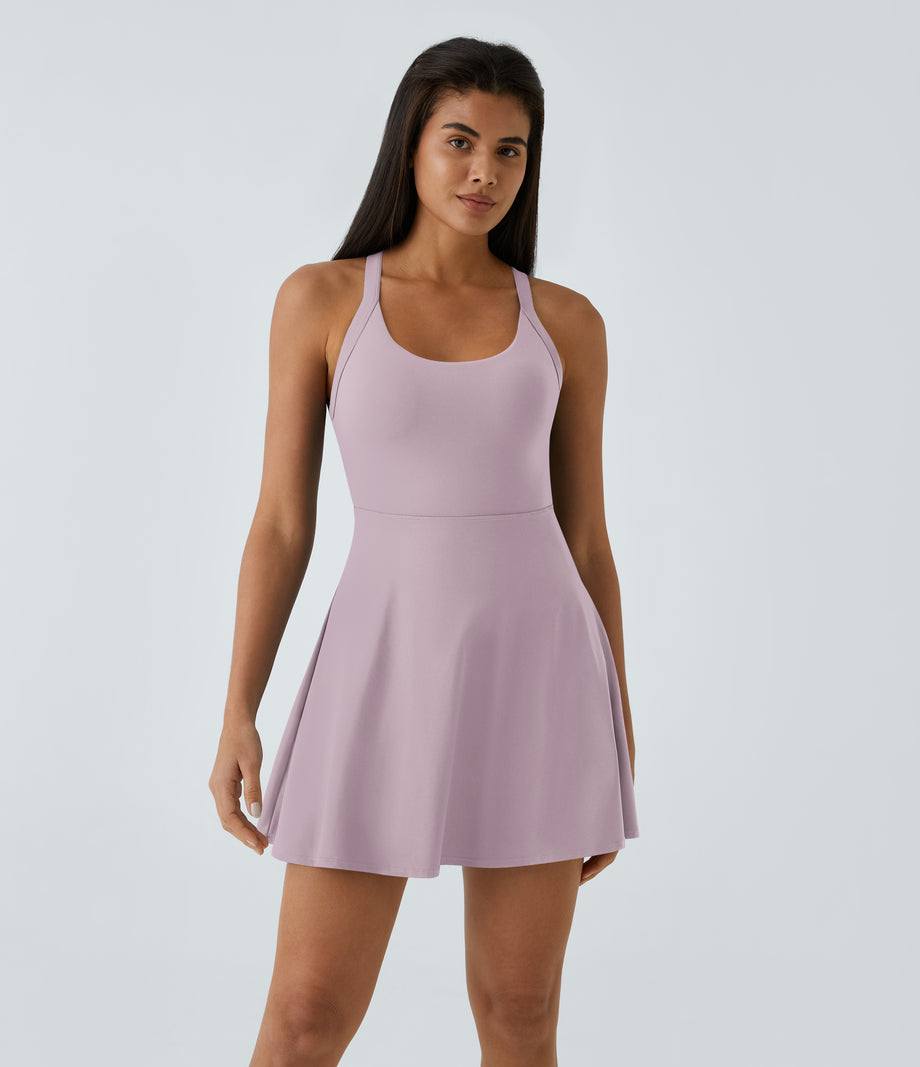 SoftlyZero™ Airy Backless Twisted Flare Low Support Dance Active Dress-Longer Length-Easy Peezy Edition A-D Cups - Pink Purple