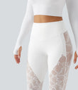 Halara UltraSculpt™ High Waisted Tummy Control Contrast Lace Yoga Flare Leggings with Pocket - White