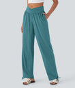 Crossover High Waisted Pocket Drawstring Casual Joggers - Stone Green Floral Yarn