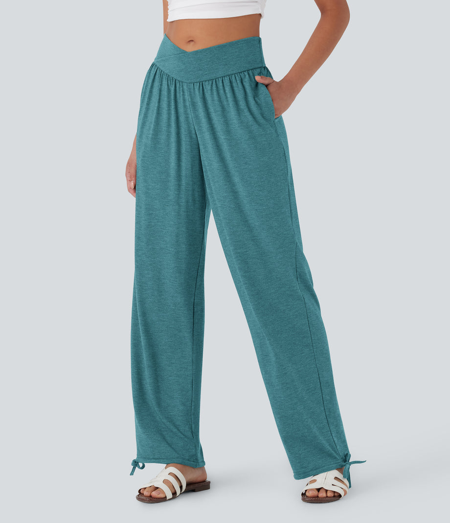Crossover High Waisted Pocket Drawstring Casual Joggers - Stone Green Floral Yarn