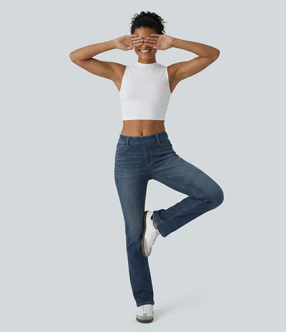 Halara Flex™ High Waisted Pockets Washed Casual Bootcut Jeans - Distressed Denim Dark Blue