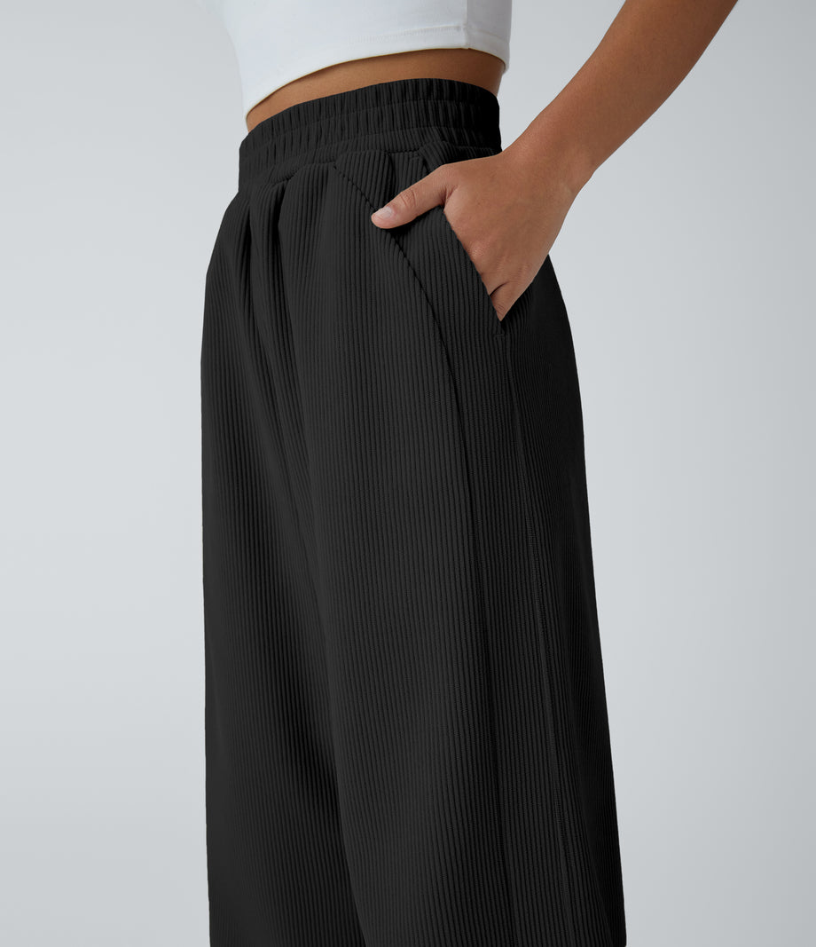 High Waisted Pocket Straight Leg Baggy Mop Corduroy Casual Pants - Black