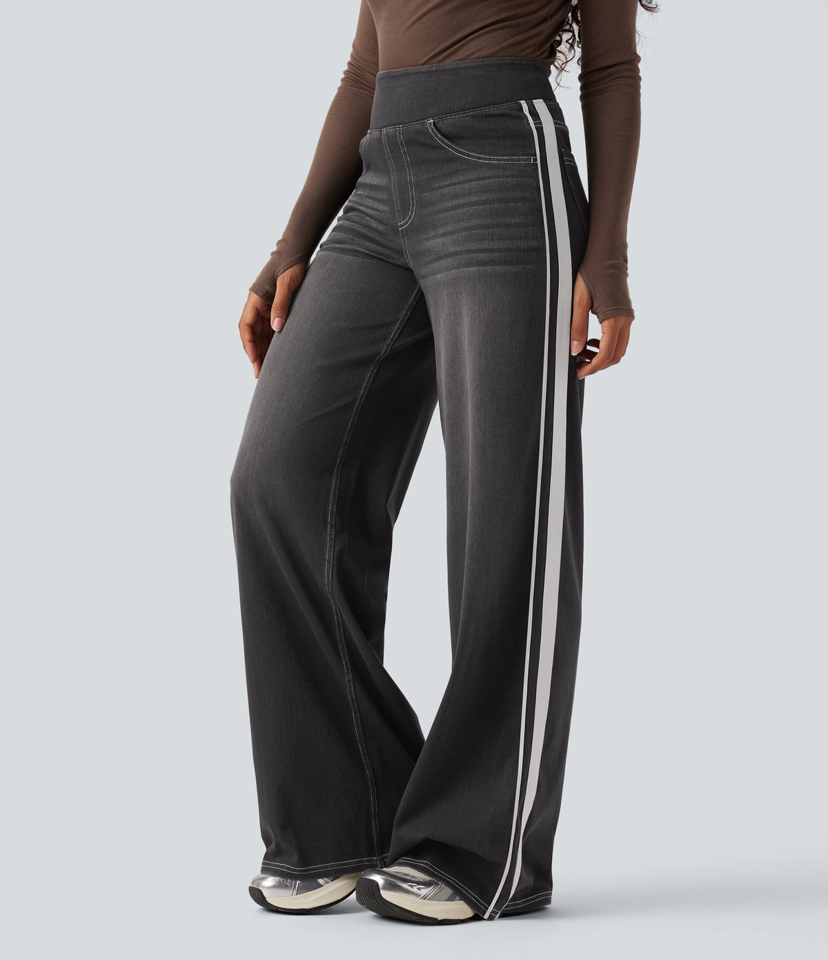 Halara Flex™ High Waisted Stripe Wide Leg Flowy Washed Casual Jeans with Pockets - Poppy Seed Denim