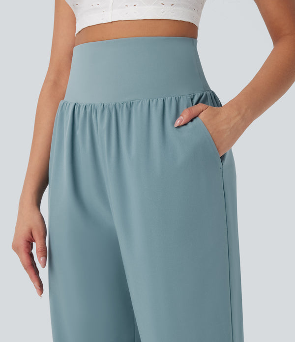 Breezeful™ High Waisted Tummy Control Hem Quick Dry Capri Pants with Pockets - Stone Blue