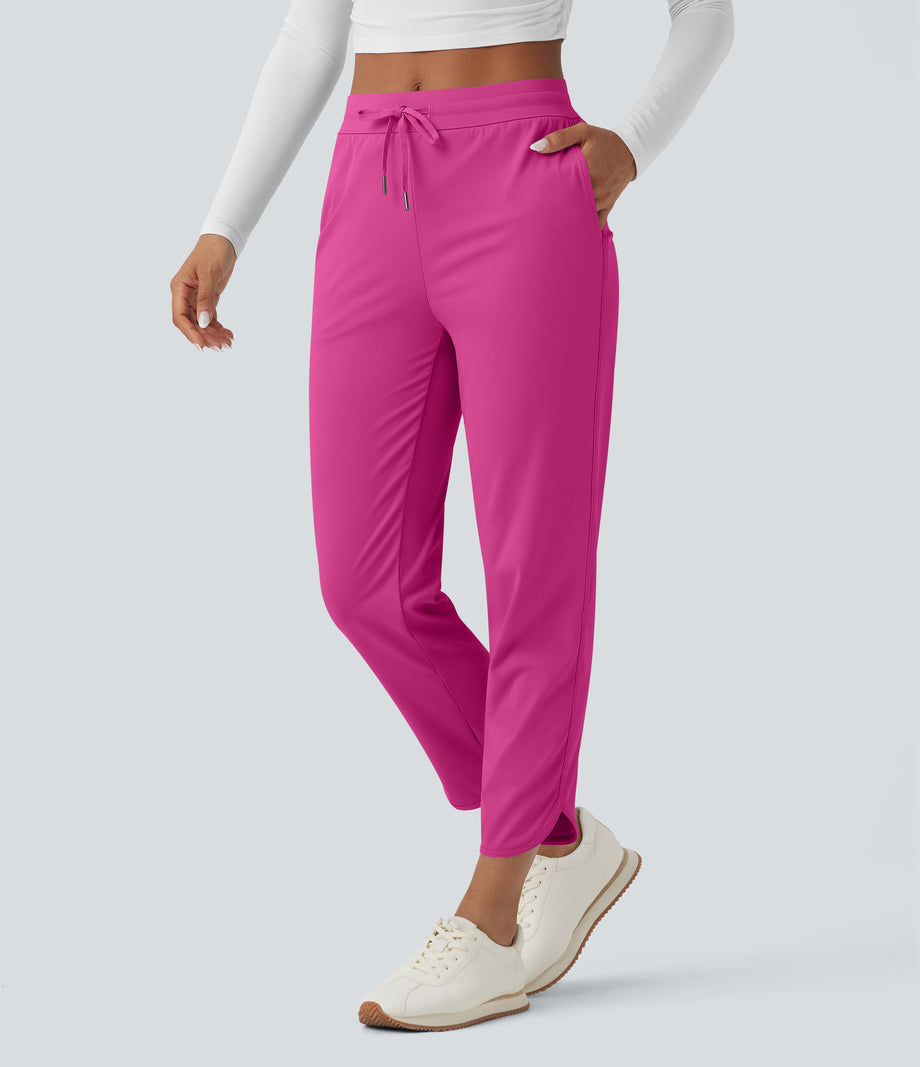 Mid Rise Drawstring Curved Hem Quick Dry Golf Tapered Pants with Pockets-UPF40+ - Fuchsia Fedora