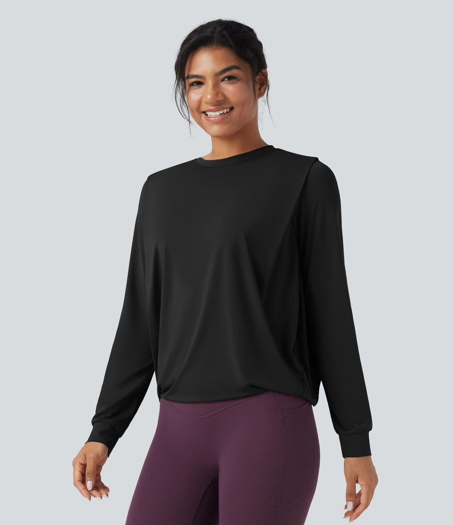 Round Neck Long Sleeve Ruched Yoga Sports Top-UPF50+ - Black