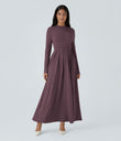 Mock-neck Long Sleeve Pocket Flare Maxi Casual Dress - Plum Wine