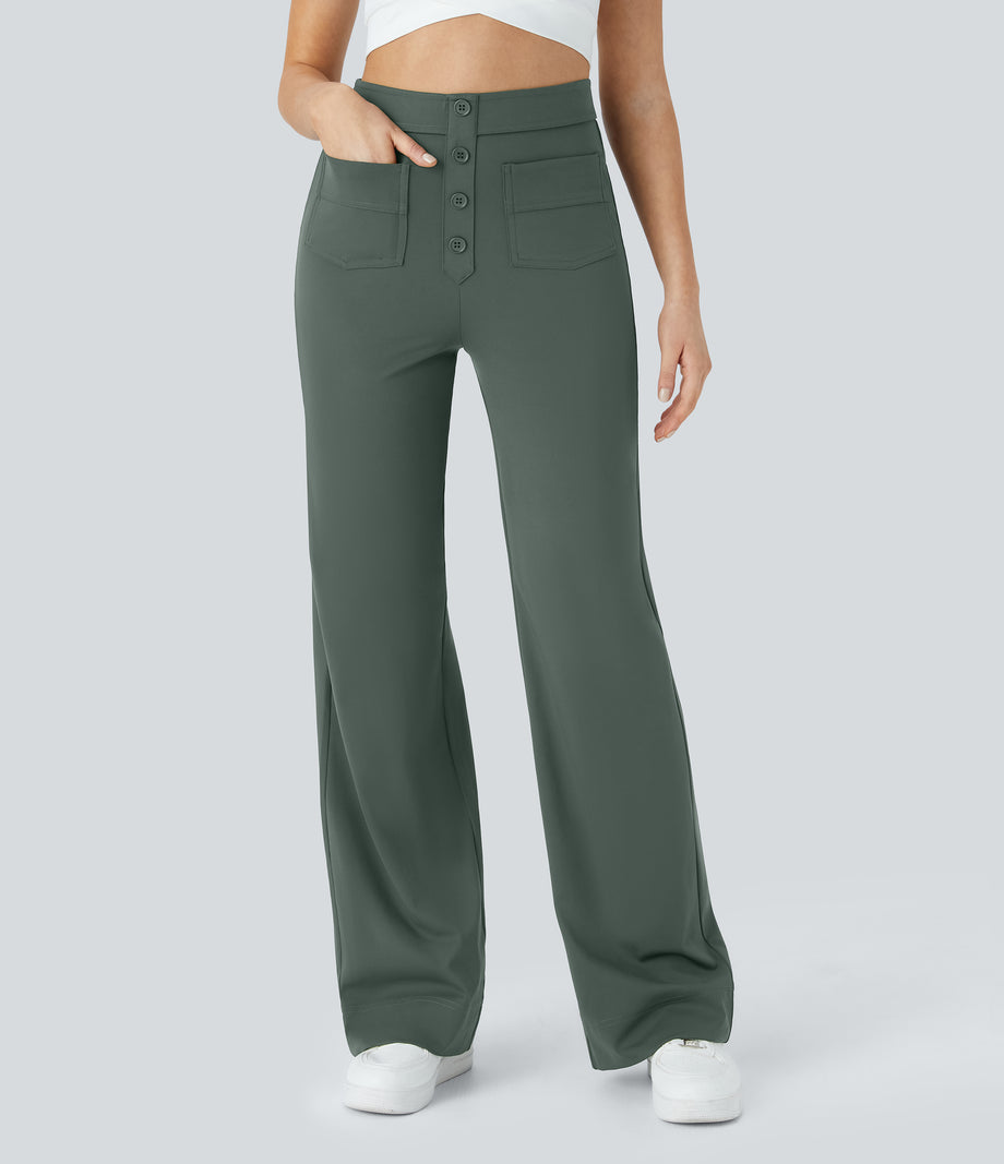 DayStretch High Waisted Pockets Straight Leg Casual Pants - Deep Aquamarine