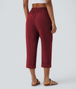 High Waisted Zipper Pocket Cropped Linen-Feel Pants - Biking Red