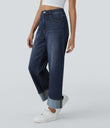 Halara Flex™ High Waisted Pockets Rolled Hem Wide Leg Washed Casual Jeans - Distressed Denim Dark Blue