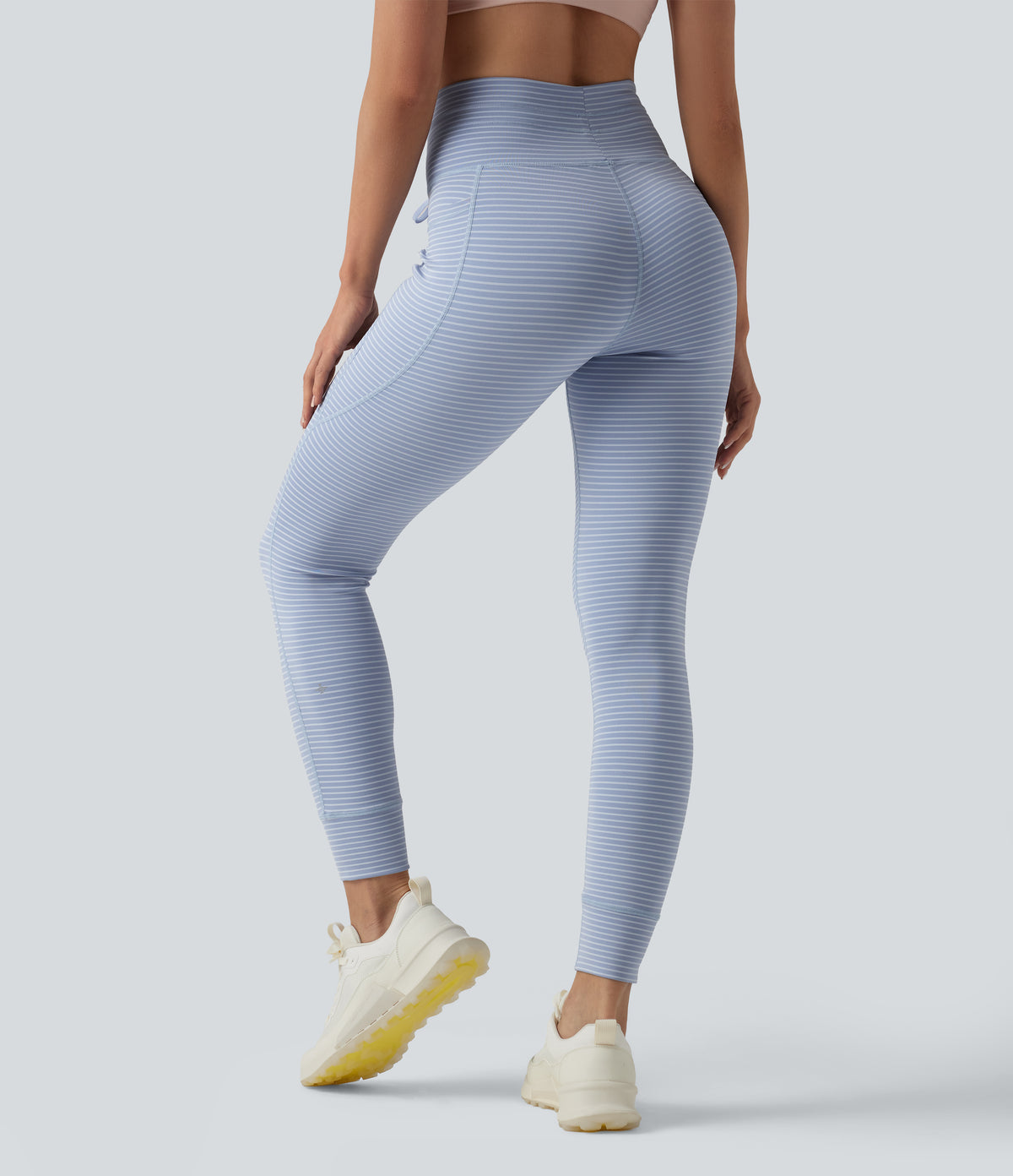 High Waisted Drawstring Striped Yoga Leggings with Pockets - Cloud Stripe