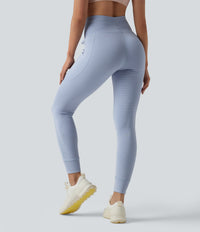 High Waisted Drawstring Striped Yoga Leggings with Pockets - Cloud Stripe