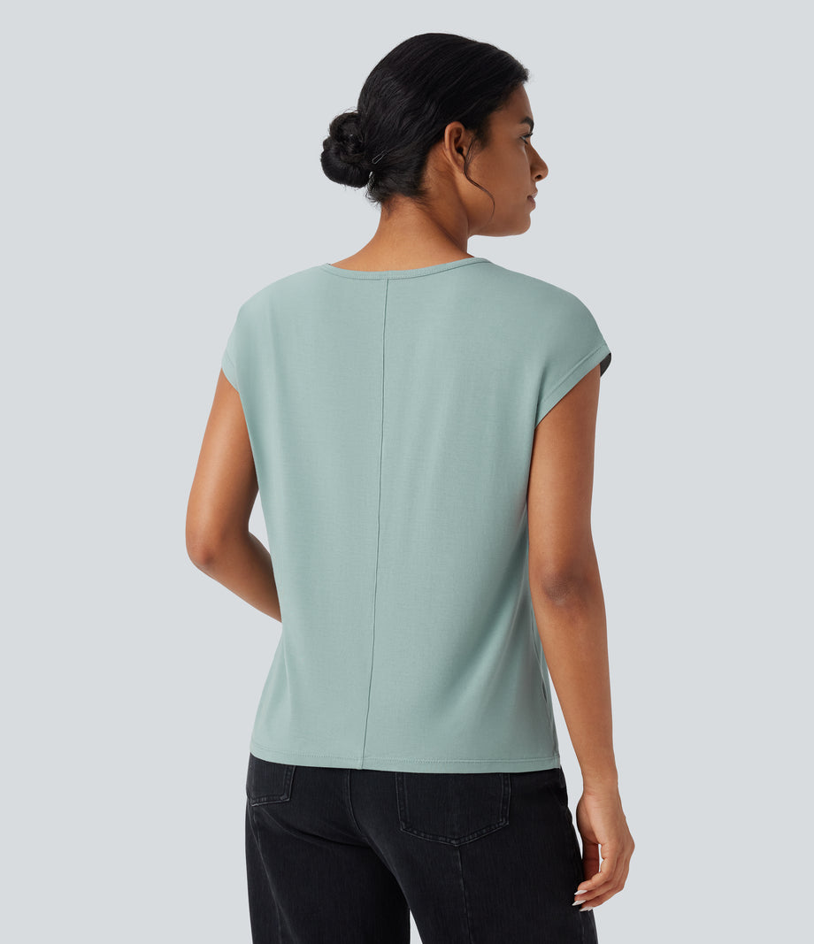 V Neck Short Sleeve Casual T-Shirt - Blue Surf