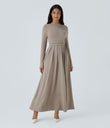 Mock-neck Long Sleeve Pocket Flare Maxi Casual Dress - Weathered Teak