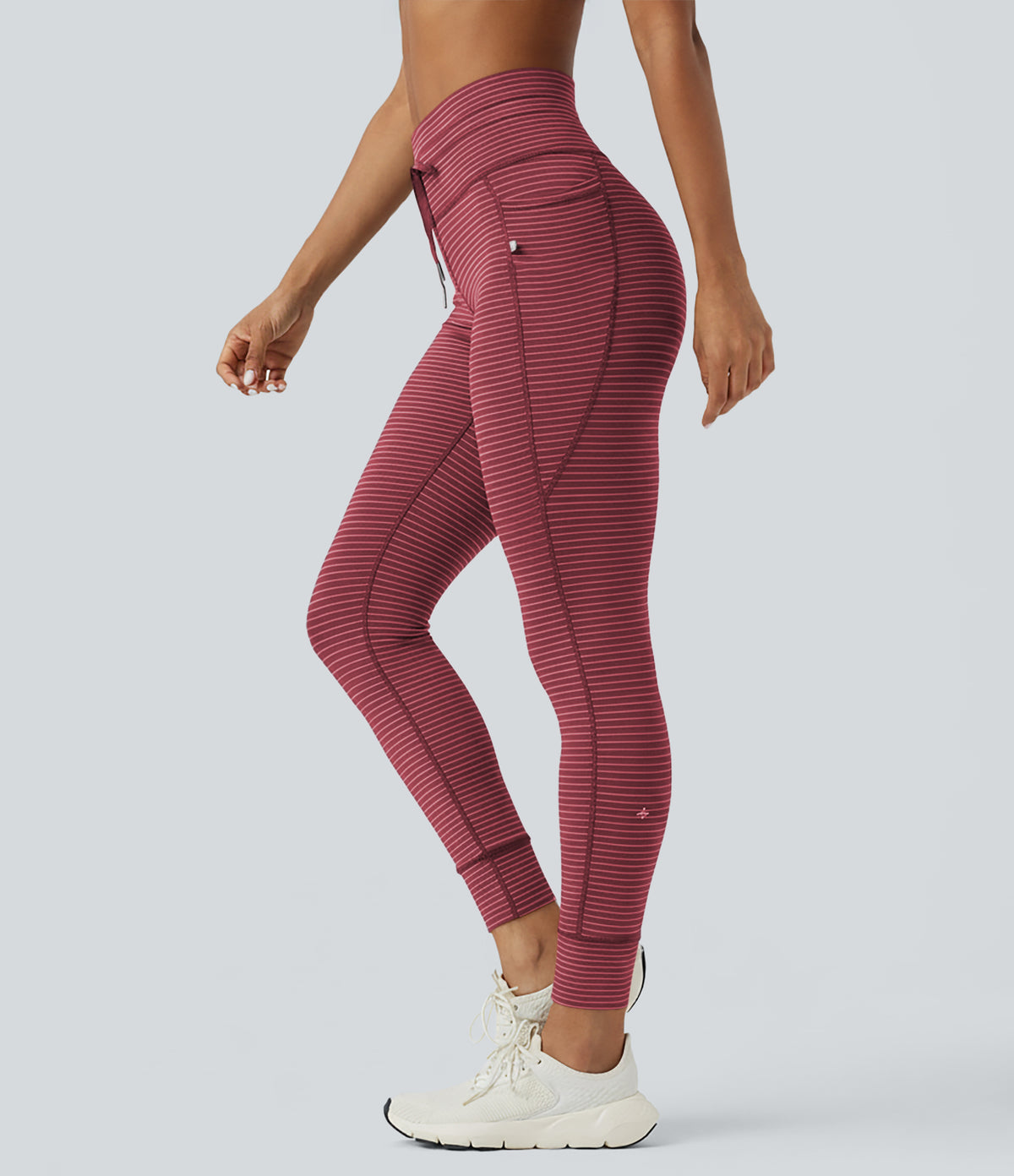 High Waisted Drawstring Striped Yoga Leggings with Pockets - Crimson Rose