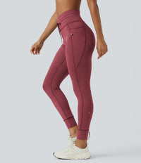 High Waisted Drawstring Striped Yoga Leggings with Pockets - Crimson Rose