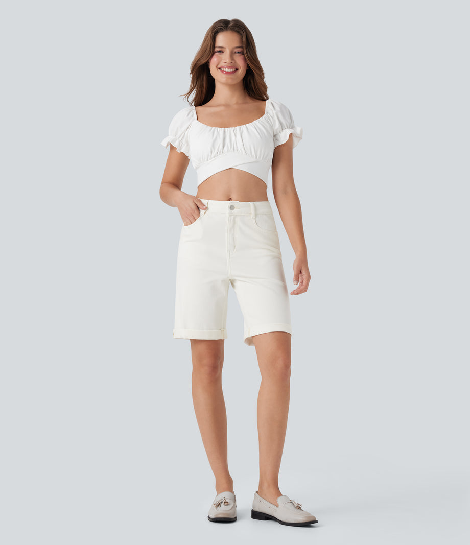 Halara Flex™ High Waisted Pockets Rolled Hem Washed Denim Casual Bermuda Shorts - Bright White Denim