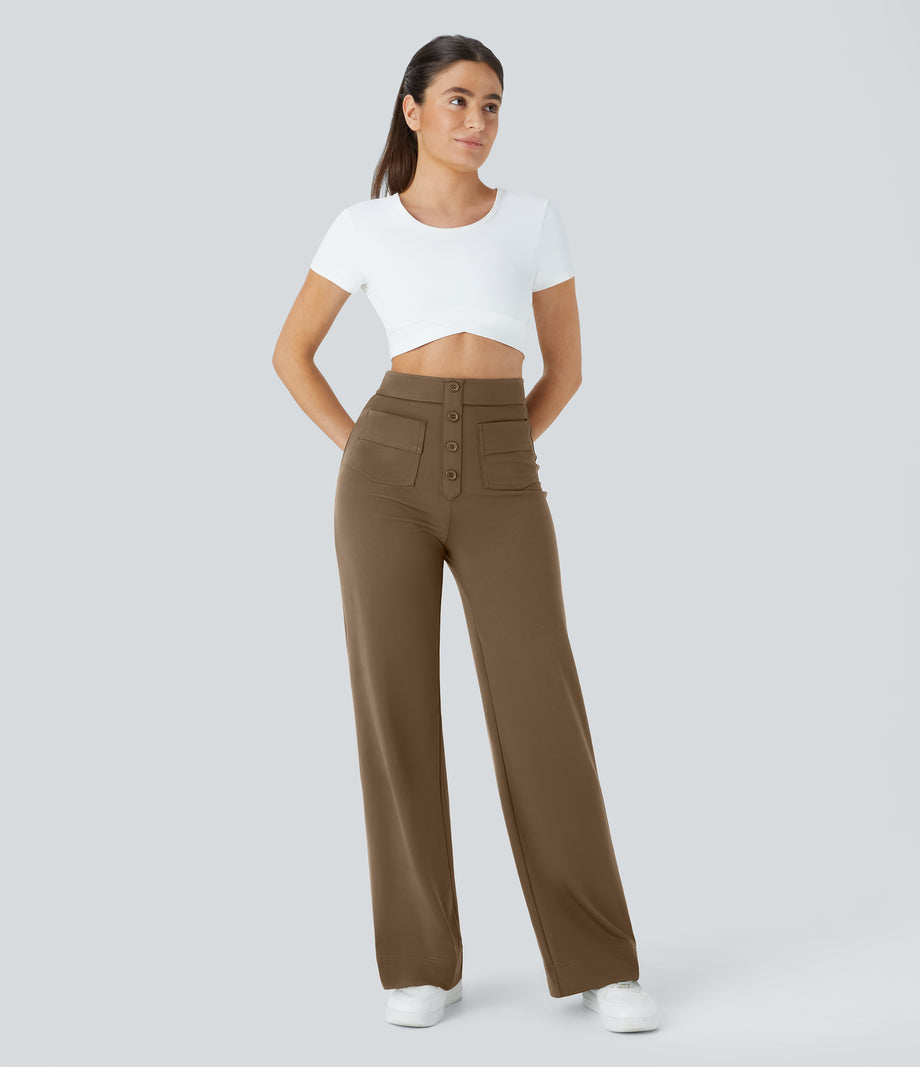 DayStretch High Waisted Pockets Straight Leg Casual Pants - Sepia