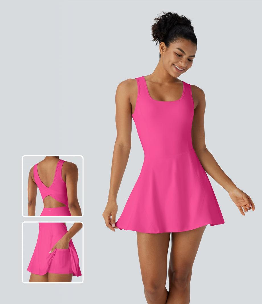 SoftlyZero™ Airy U Neck 2-in-1 Pocket Mini Cool Touch Dance Active Dress - Fuchsia Fedora