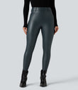 High Waisted Stretchy PU Fleece Casual Leggings with Pockets - Stratified Sea