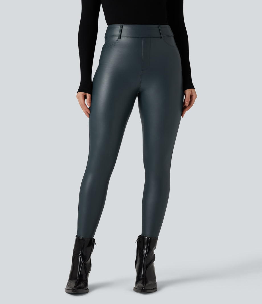 High Waisted Stretchy PU Fleece Casual Leggings with Pockets - Stratified Sea