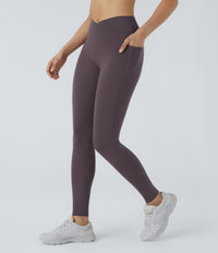 Patitoff™ 2.0 Pet Hair Resistant High Waisted Crossover Side Pocket Yoga Leggings - Light Gray Plum Purple