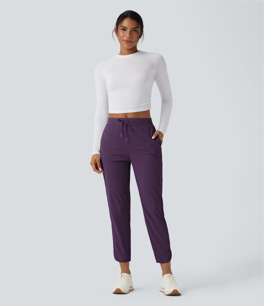 Mid Rise Drawstring Curved Hem Quick Dry Golf Tapered Pants with Pockets-UPF40+ - Blackberry Cordial