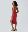 Ruched Lace Up Bodycon Midi Casual Dress - Winterberry
