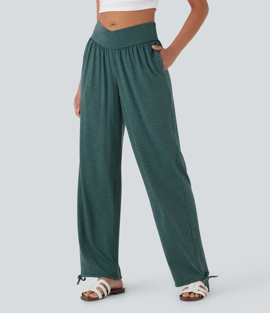 Crossover High Waisted Pocket Drawstring Casual Joggers - Jade Green Floral Yarn