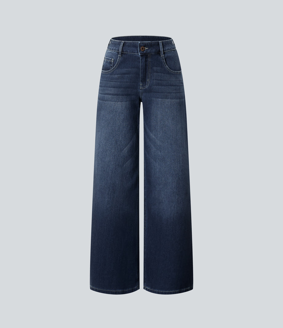 Halara Flex™ Low Rise Zipper Pockets Washed Baggy Wide Leg Casual Jeans - Distressed Denim Dark Blue